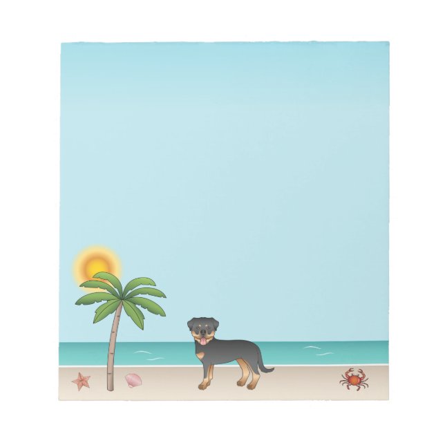 Bloc-note Rottweiler noir et feu sur une plage tropicale en  (Devant)