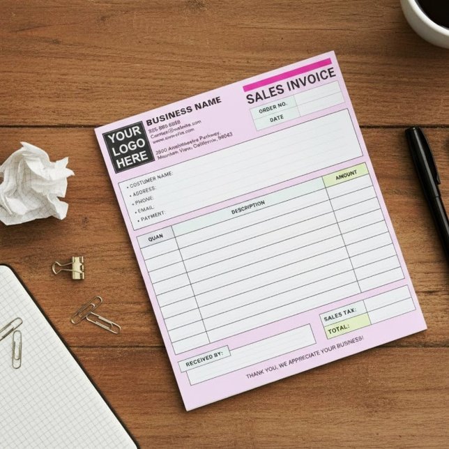 Bloc-note Sales Invoice Receipts | Pink Small Business Logo (seller receipt pad, customer purchase order book)