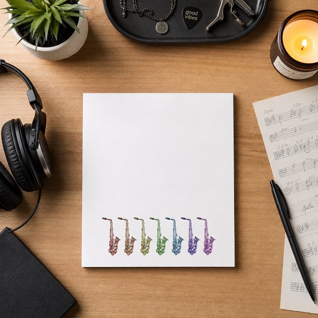 Bloc-note Saxophone Coloré Arc-en-Ciel (A note pad with alto saxophones done in red, orange, green, yellow, blue, pink & purple.)