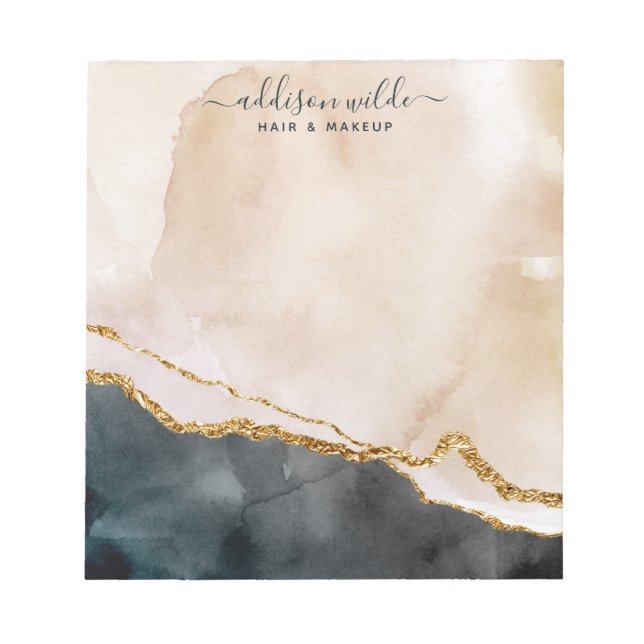 Bloc-note Script Aquarelle Rose Noir Or Marbre Entreprise (Devant)