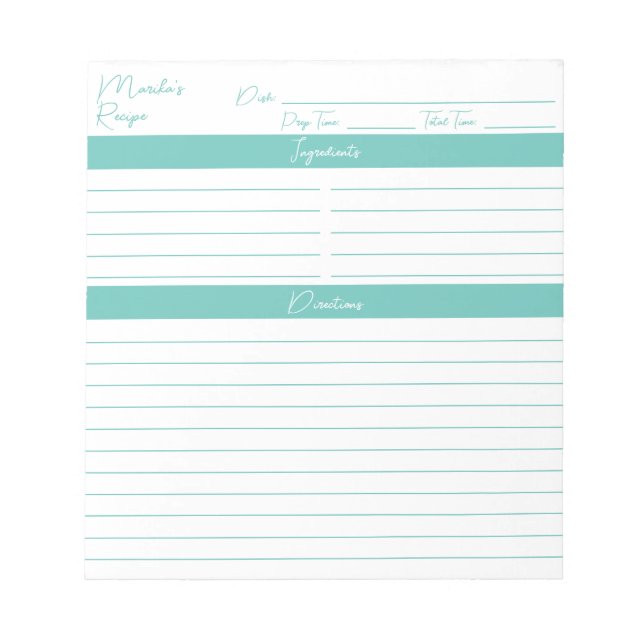 Bloc-note Script moderne Elegant Aqua Recettes personnalisée (Devant)