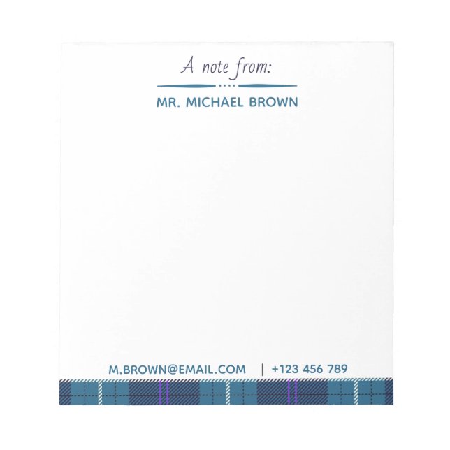 Bloc-note Script personnalisé du nom Email Tel Plaid Tartan (Devant)