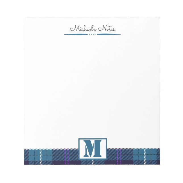 Bloc-note Script Personnalisé Tartan à Carreaux Bleu Céladon (Devant)
