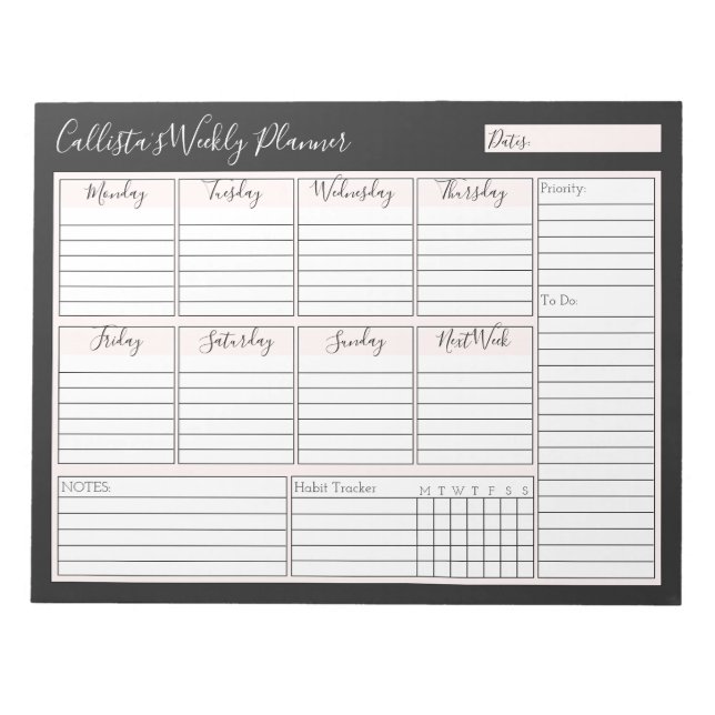 Bloc-note Simple moderne rose noir planificateur hebdomadair (Devant)