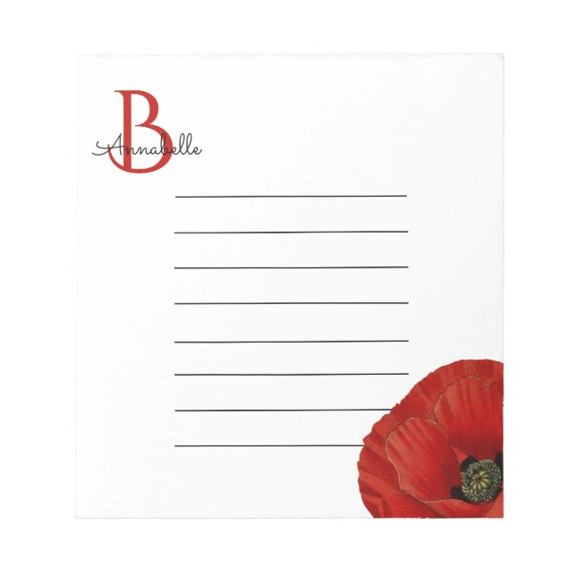 Bloc-note Simple Monogramme Rouge Pavot Linné (Devant)