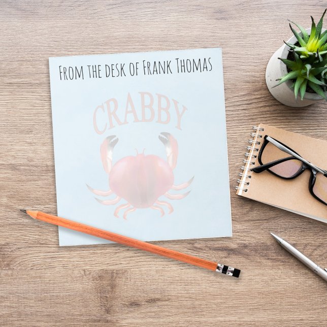 Bloc-note Simple Typographie de Crabe Crabby Nature Élégante (Funny coastal crab personalized desk stationery with beachy blue ocean theme.)