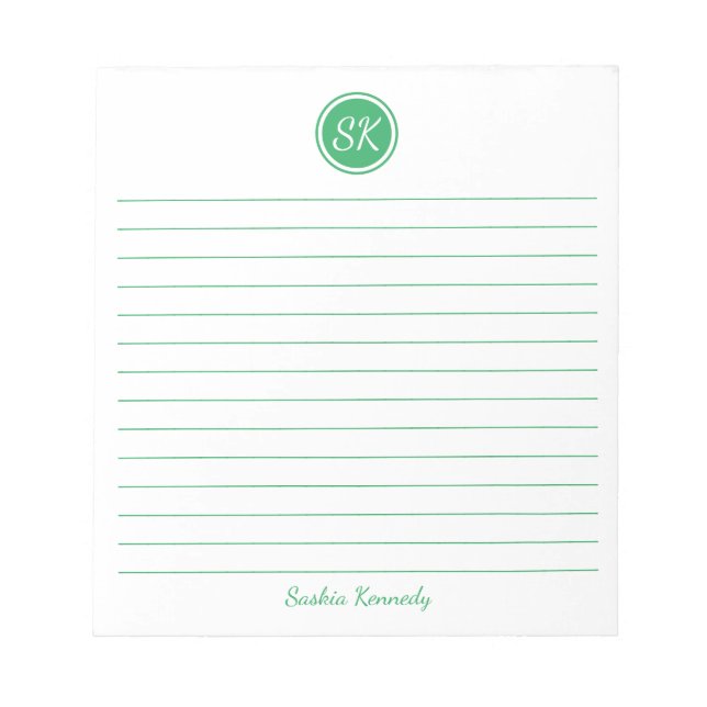 Bloc-note Simply Elegant Green Lined Monogram Personalized (Devant)
