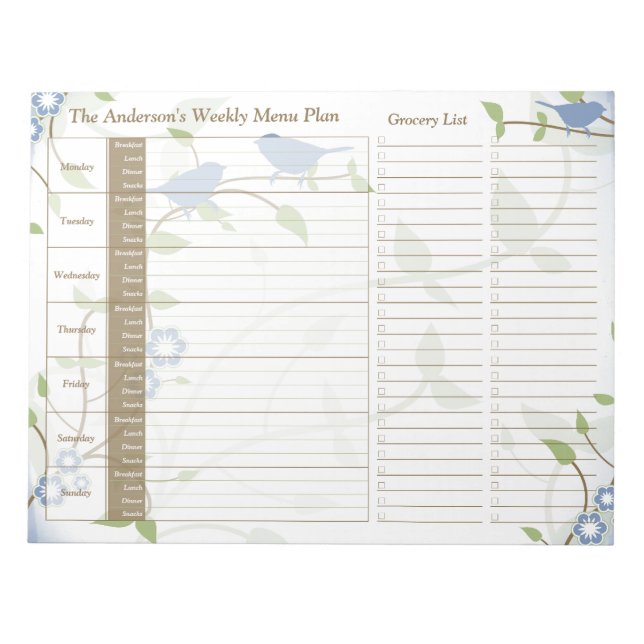 Bloc-note Song Birds Floral Weekly Personnalisé Meal Planner (Devant)