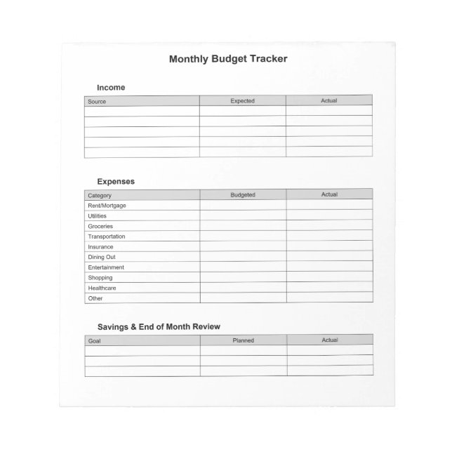 Bloc-note Suivi de budget mensuel (Devant)