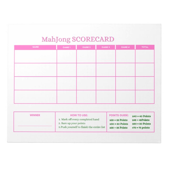 Bloc-note Suivi de score de jeu rose prépa Mahjong (Devant)