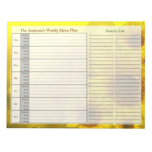 Bloc-note Sunflower Weekly Personalized Menu Plan Notepad