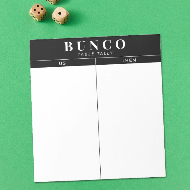 Bloc-note Table Bunco simple noir et blanc (simple white with black accents Bunco dice game table tally tear off sheet notepad)