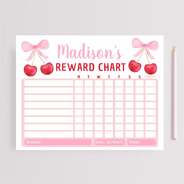 Bloc-note Tableau de récompense Fille au nœud cerise rose Ta (Créateur téléchargé)