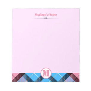 Bloc-note Tartan bleu rose moderne tatoué Monogramme Nom du 