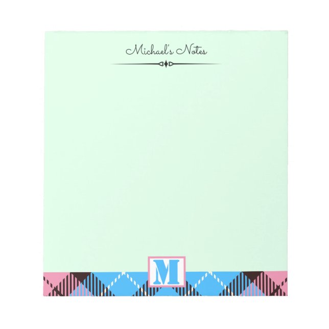 Bloc-note Tartan bleu rose Personnalisé Script Monogramme No (Devant)