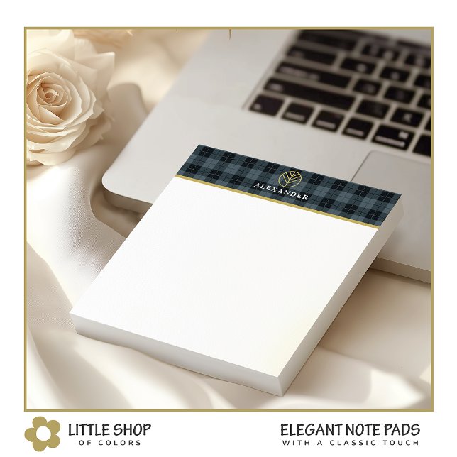 Bloc-note Tartan Noir Gris Monogramme Logo Or Personnalisabl (Créateur téléchargé)