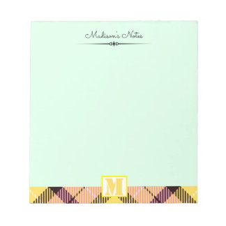 Bloc-note Tartan Rose Jaune Monogramme Écriture Personnalisé