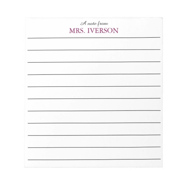 Bloc-note teacher Notepads Simple lined paper "a note from" (Devant)