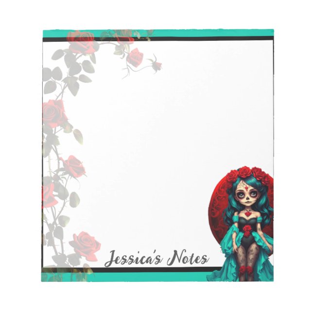 Bloc-note Teal and Red Roses Sugar Skulls (Devant)