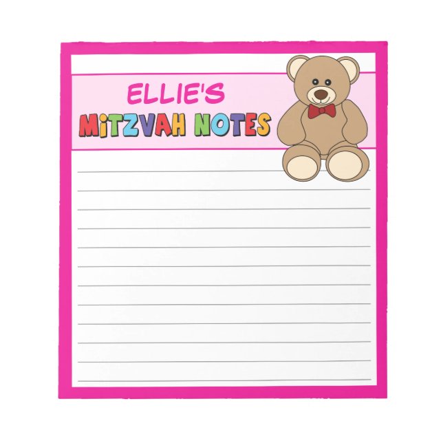 Bloc-note Teddy Bear personnalisée Mitzvah rose (Devant)