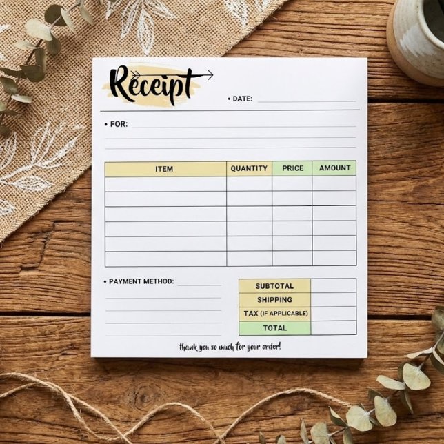 Bloc-note Thanks Order Receipt Form | Small Business Invoice (Thank you message to customer for receipt purchase)