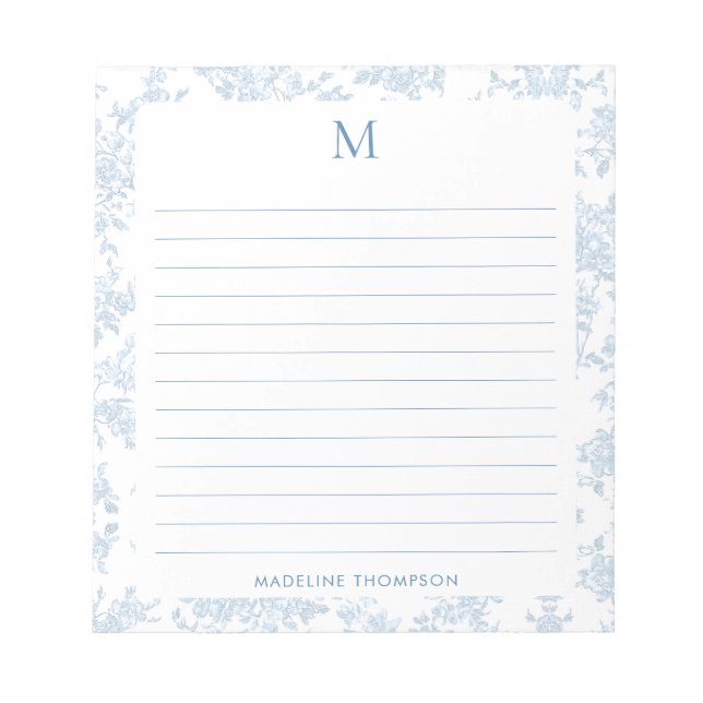 Bloc-note Toile Botanique Classique Monogramme Bleu Français (Devant)