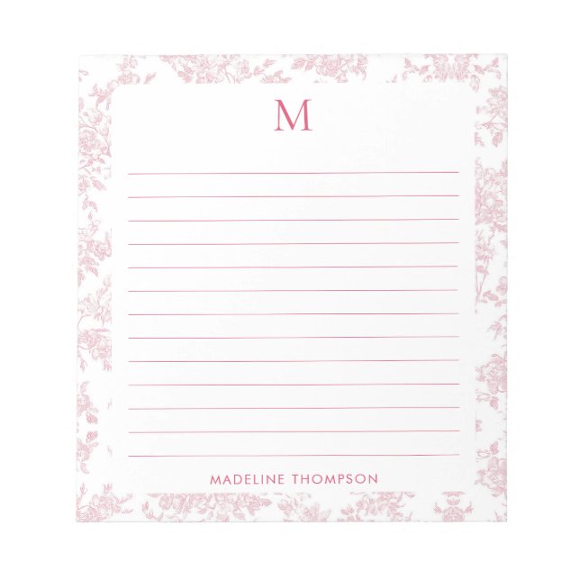 Bloc-note Toile de Jouy Botanique Classique Monogramme Rouge (Devant)