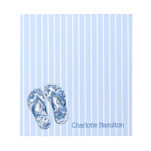 Bloc-note Tongs Chinoiserie Bleu et Blanc sur Rayures (Devant)