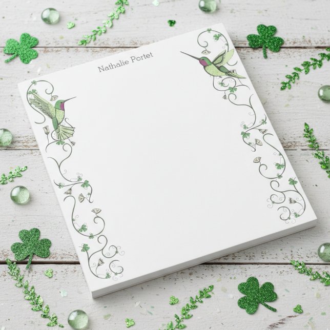 Bloc-note Trèfle de vigne de colibri irlandais (Elegant Irish Notepads. Ireland Hummingbird Green Clover Pattern with Name for St Patrick's Day)