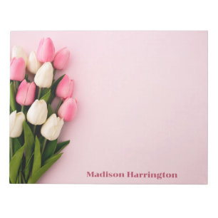 Bloc-note Tulipes de texte personnalisé sur fond rose