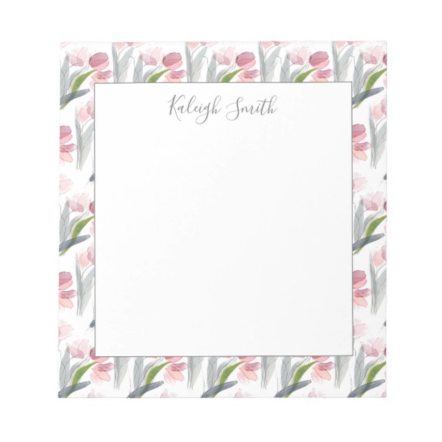 Bloc-note Tulipes roses aquarelle fleurs printemps blanc (Devant)