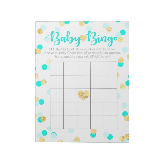 Bloc-note Turquoise & Gold Cadeau Baby shower Bingo (Tourné)