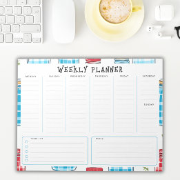 Bloc-note Undated Vertical Weekly Planner, Blue and Red