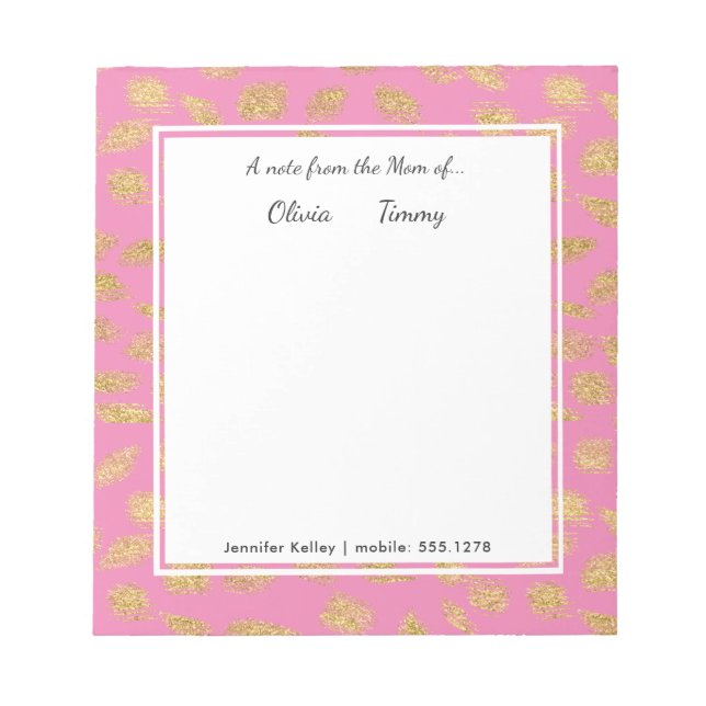 Bloc-note Une note de la mère de...Pink & Gold Personnalisé (Devant)