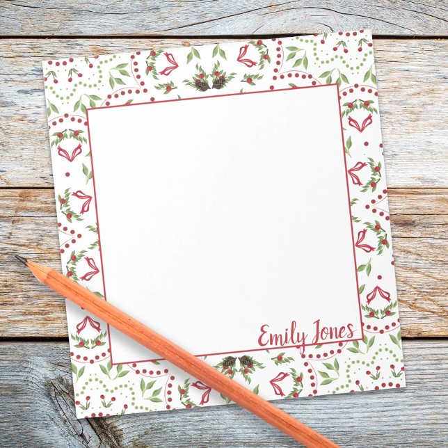Bloc-note Vacances Elégant Rouge Vert Mandala Noël (Christmas holiday winter pinecones and red holly berries pattern custom notepad)
