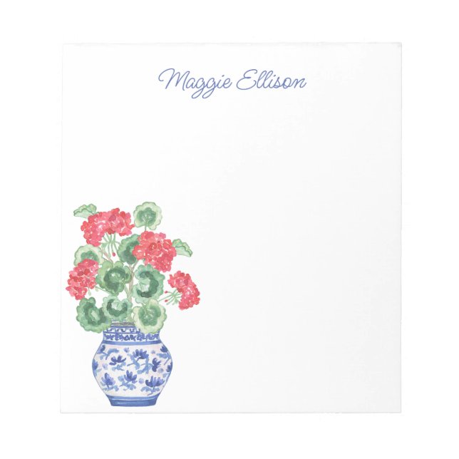 Bloc-note Vase Chinoiserie des Geraniums rouges Personnalisé (Devant)