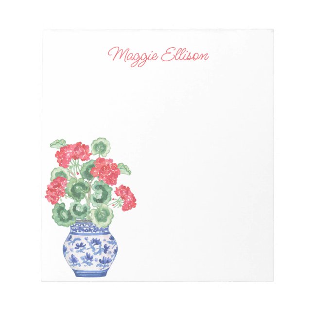 Bloc-note Vase Chinoiserie des Geraniums rouges Personnalisé (Devant)