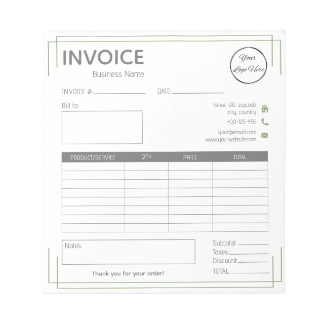 Bloc-note Vert blanc de base avec logo petite entreprise fac (Devant)