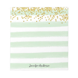 Bloc-note Vert Menthe Moderne Rayé Confettis Dorés Personnal