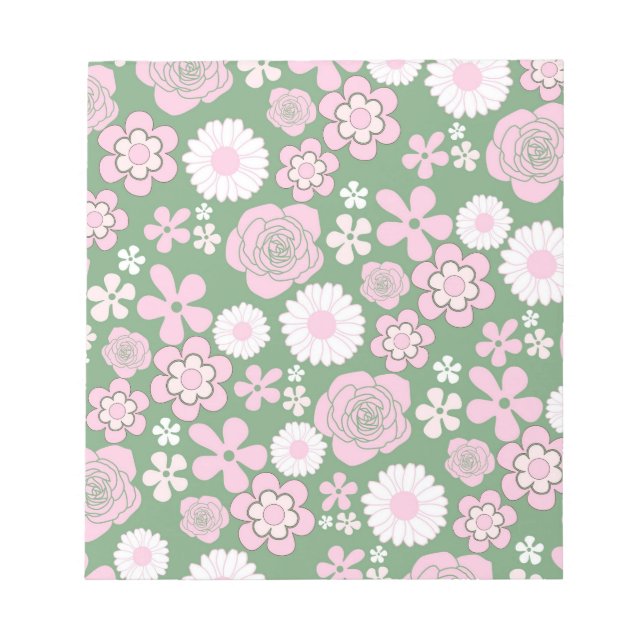 Bloc-note Vert rose blanc rétro Y2K les années 70 Fleur Moti (Devant)