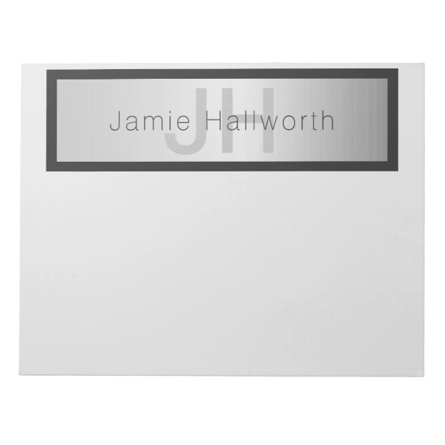 Bloc-note Votre nom et votre monogramme | Gris & Faux Silver (Devant)