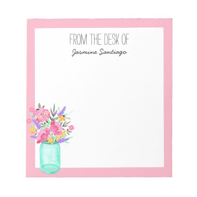 Bloc-note Watercolor Bouquet Mason Jar Flowers Personalized (Devant)