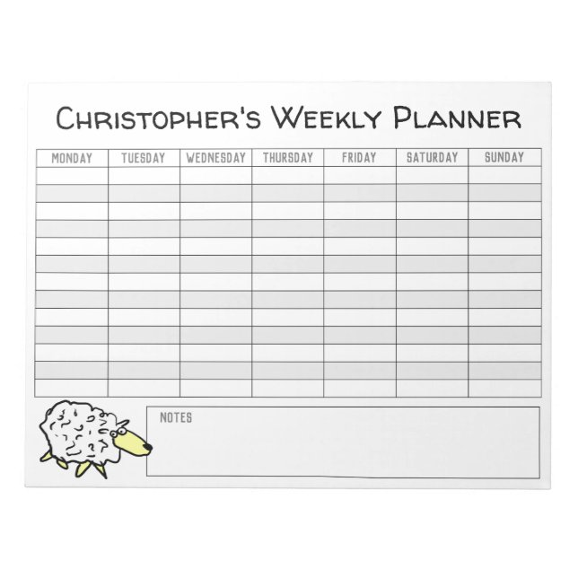 Bloc-note Weekly Planner to Personalise with Name Choice. (Devant)