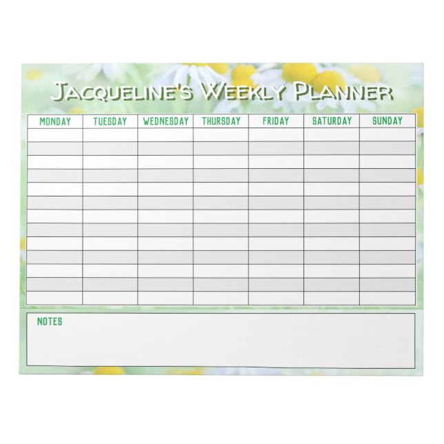 Bloc-note Weekly Planner to Personalise with Name Choice. (Devant)