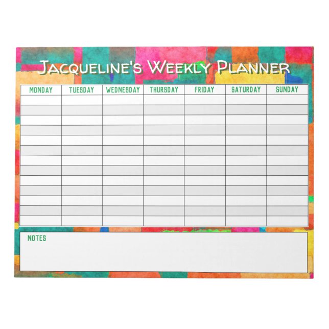 Bloc-note Weekly Planner to Personalise with Name Choice. (Devant)