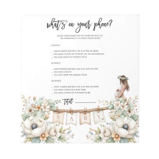 Bloc-note Whats on your phone? Baby Shower Game (Devant)