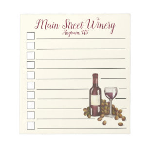 Bloc-note Winery Red Wine Bottle Glass Grapes Checklist