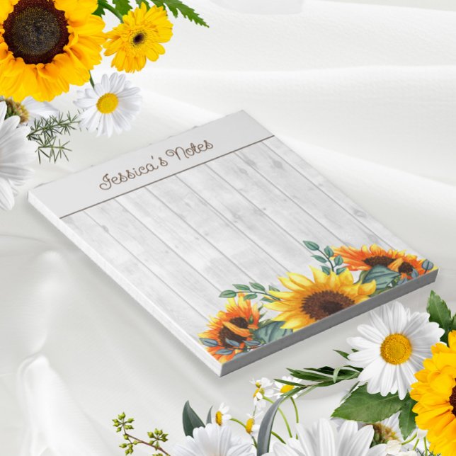 Bloc-note Yellow Orange Sunflowers White Rustic Wood Name (Créateur téléchargé)