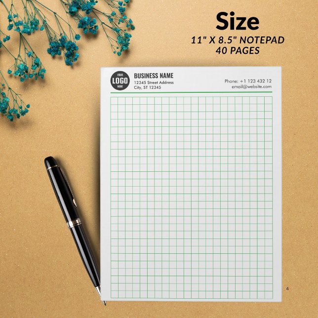 Bloc-notes à grille personnalisé 5 carrés/pouce av (Custom Grid Notepad 5 Sq/Inch with Logo & Info - GREEN GRID -)