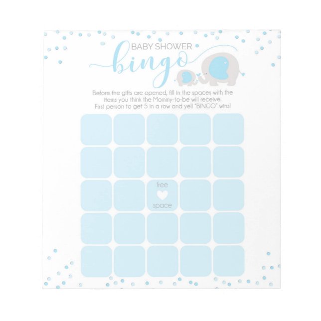 Bloc-notes Baby shower Bingo Blue White Elephant B (Devant)